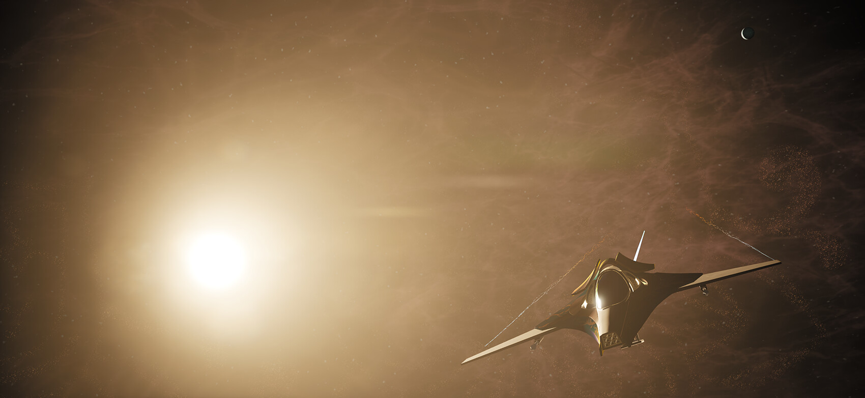 A promotional image from the game Rogue Eclipse showing a small fighter ship in space