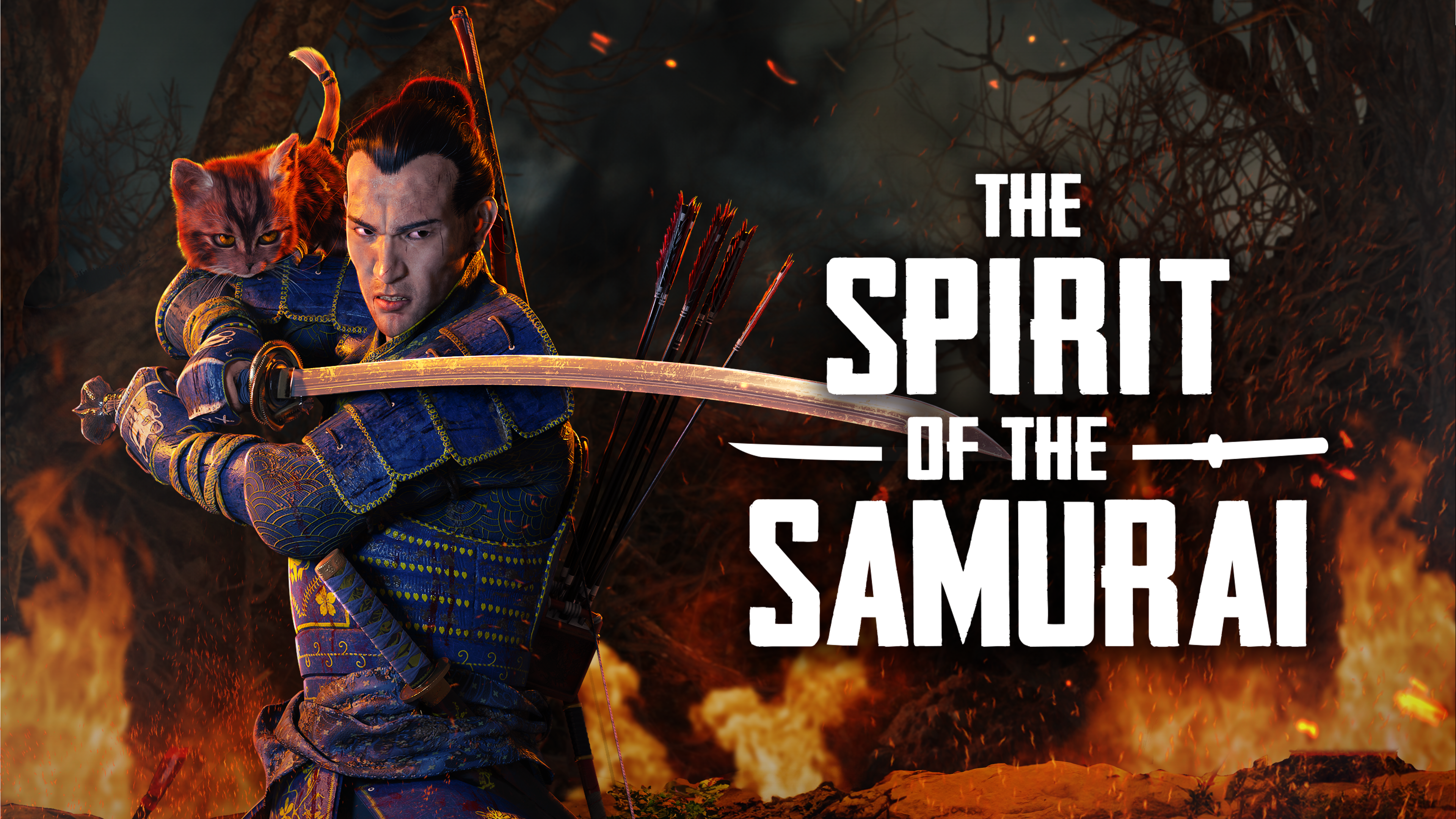 Arte clave del videojuego The Spirit of the Samurai que muestra a un samurái empuñando una katana y un gato en su hombro.