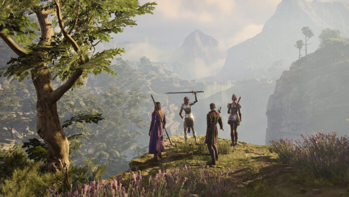 baldursgatepve A scene with 4 adventurers at a scenic overlook in Baldur's Gate 3
