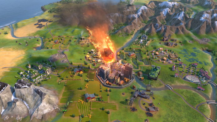 civ7 A screenshot from the game Civilization 7 showing a city about to be hit by a massive fireball asteroid.