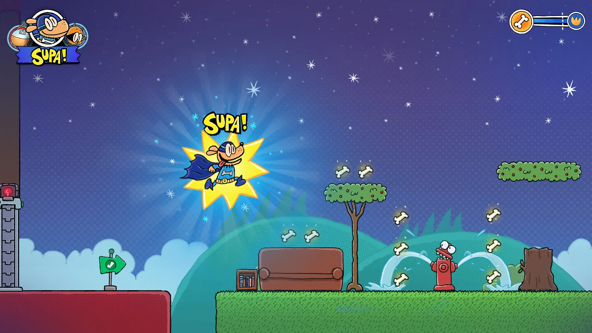 A screenshot of the action platformer game Dog Man: Mission Impawsible showing Dog Man jumping over a gap with the words "SUPA!"