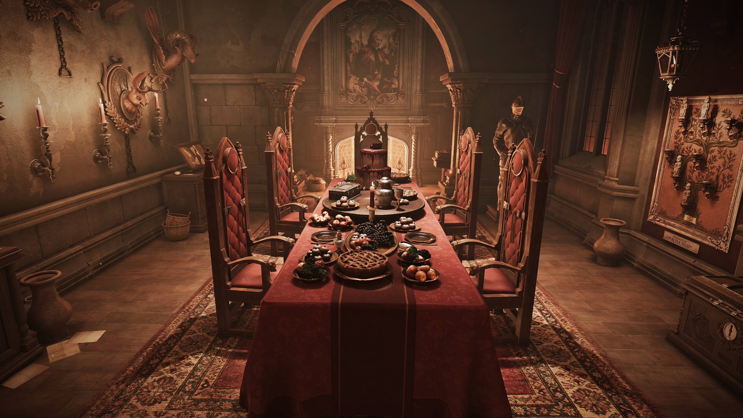 A medieval, opulent dining room table from the game Escape Simulator 2