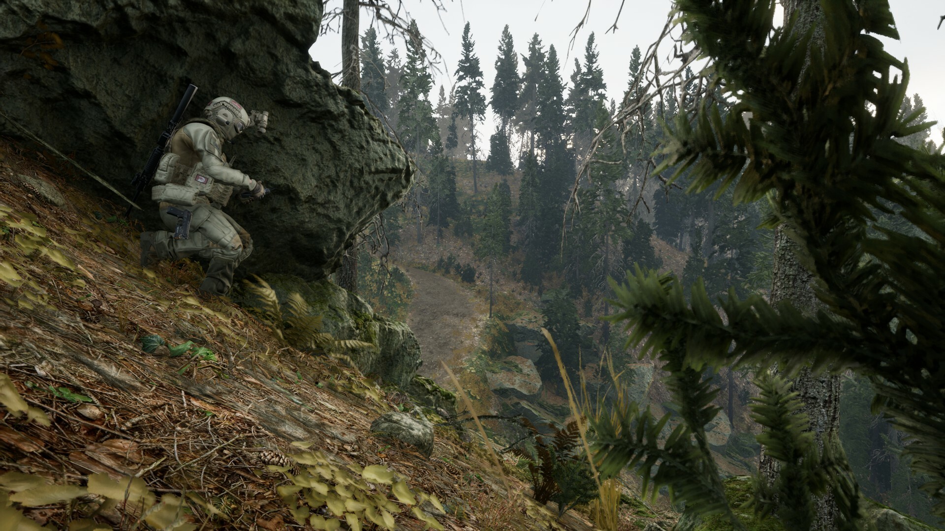 A screenshot from the game EXFIL showing a soldier crouched behind a rock on a steep hill