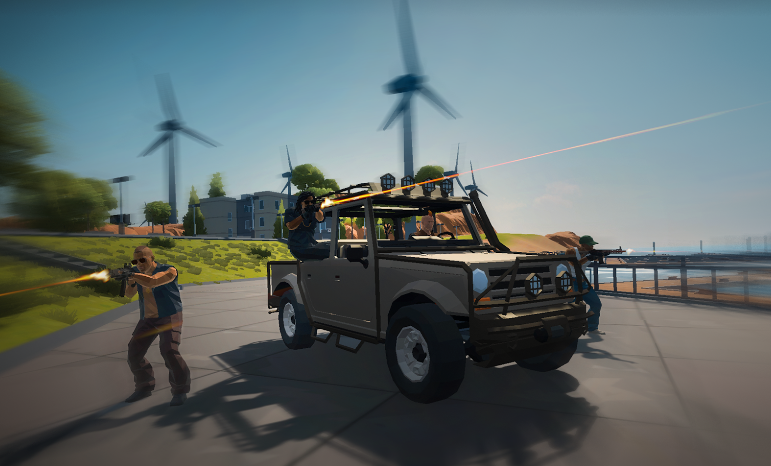 A screenshot from the game OUTLAWED showing a JEEP-like vehicle with a shooter hanging out the window and two shooters flanking it on either side