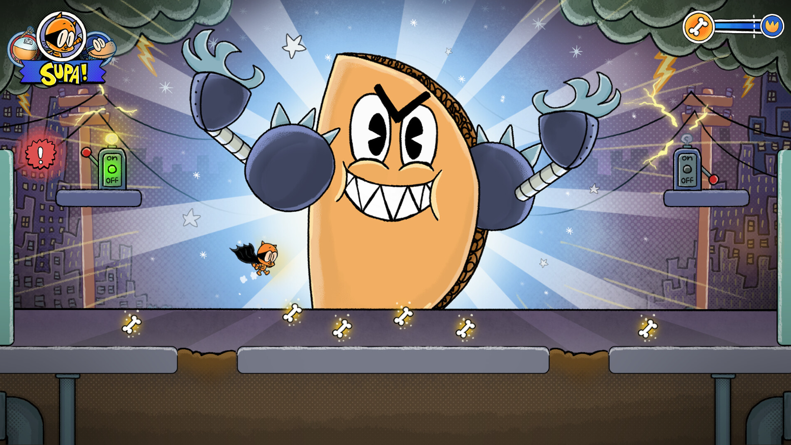 Ein Screenshot aus dem Spiel Dog Man: Mission Impawsible, der einen riesigen wütenden Taco-Boss zeigt.