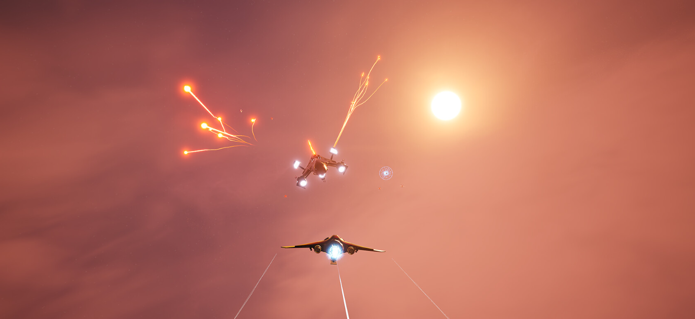 Uma imagem promocional do próximo jogo Rogue Eclipse mostrando um spacefighter perseguindo outra nave espacial, que está disparando flares