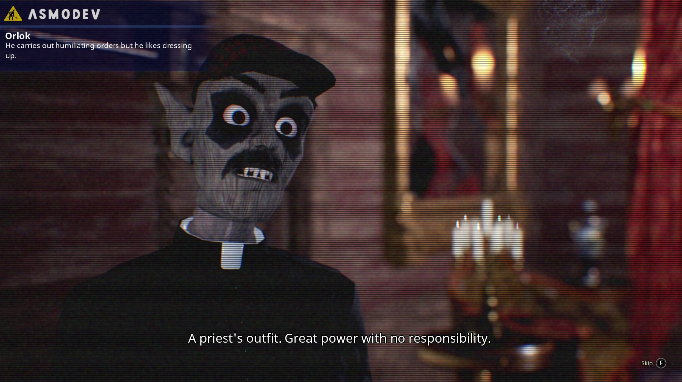 A screenshot from the game Priest Simulator: Vampire Show. A character says the words "A priest's outfit. Great power with no responsibility".
