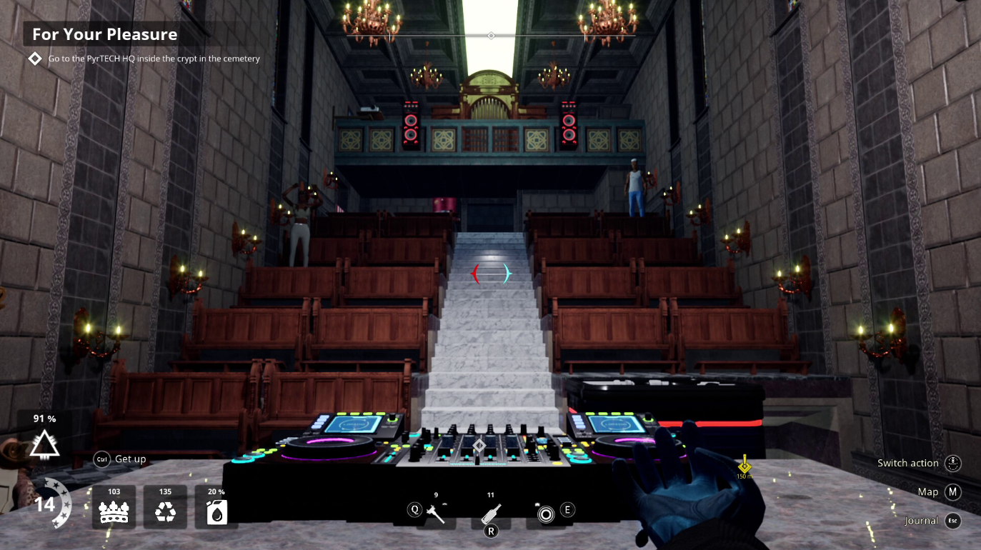 A screenshot from the game Priest Simulator: Vampire Show, showing the character DJ-ing in a church.