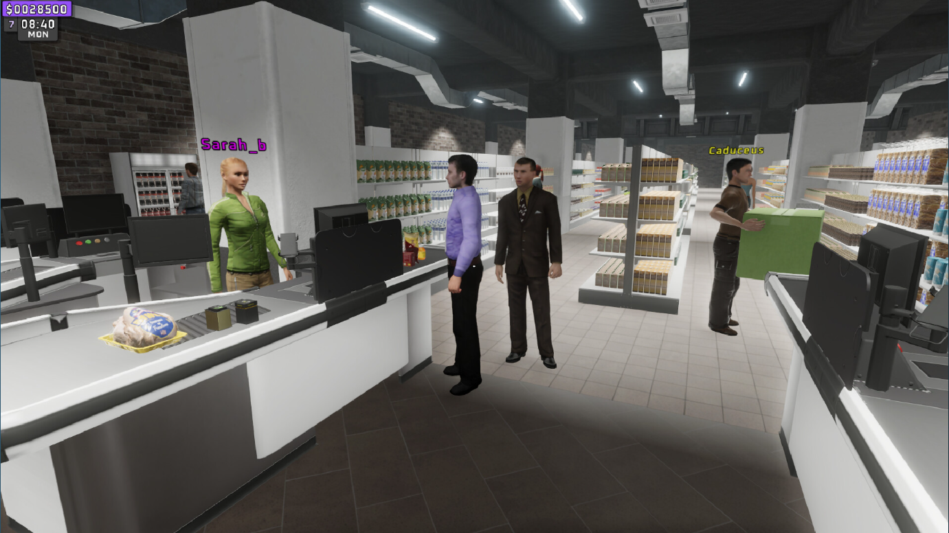 Ein Screenshot aus dem Spiel Supermarket Together, der einige menschliche Spieler und NPCs zeigt, die Lebensmittel in einem Geschäft kaufen