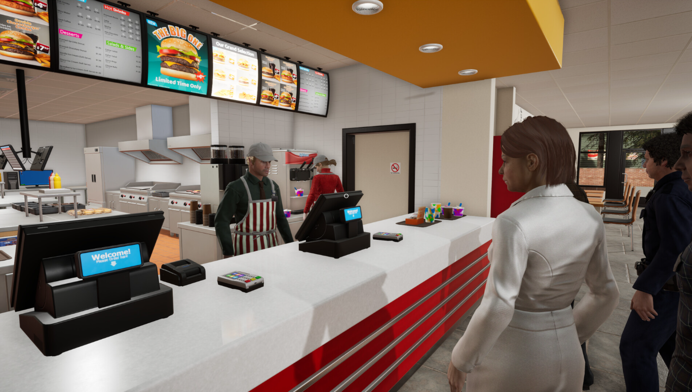 Ein Screenshot aus dem Spiel Fast Food Simulator: Prologue, der Kunden zeigt, die an einem Fast-Food-Restaurantstresen bestellen.