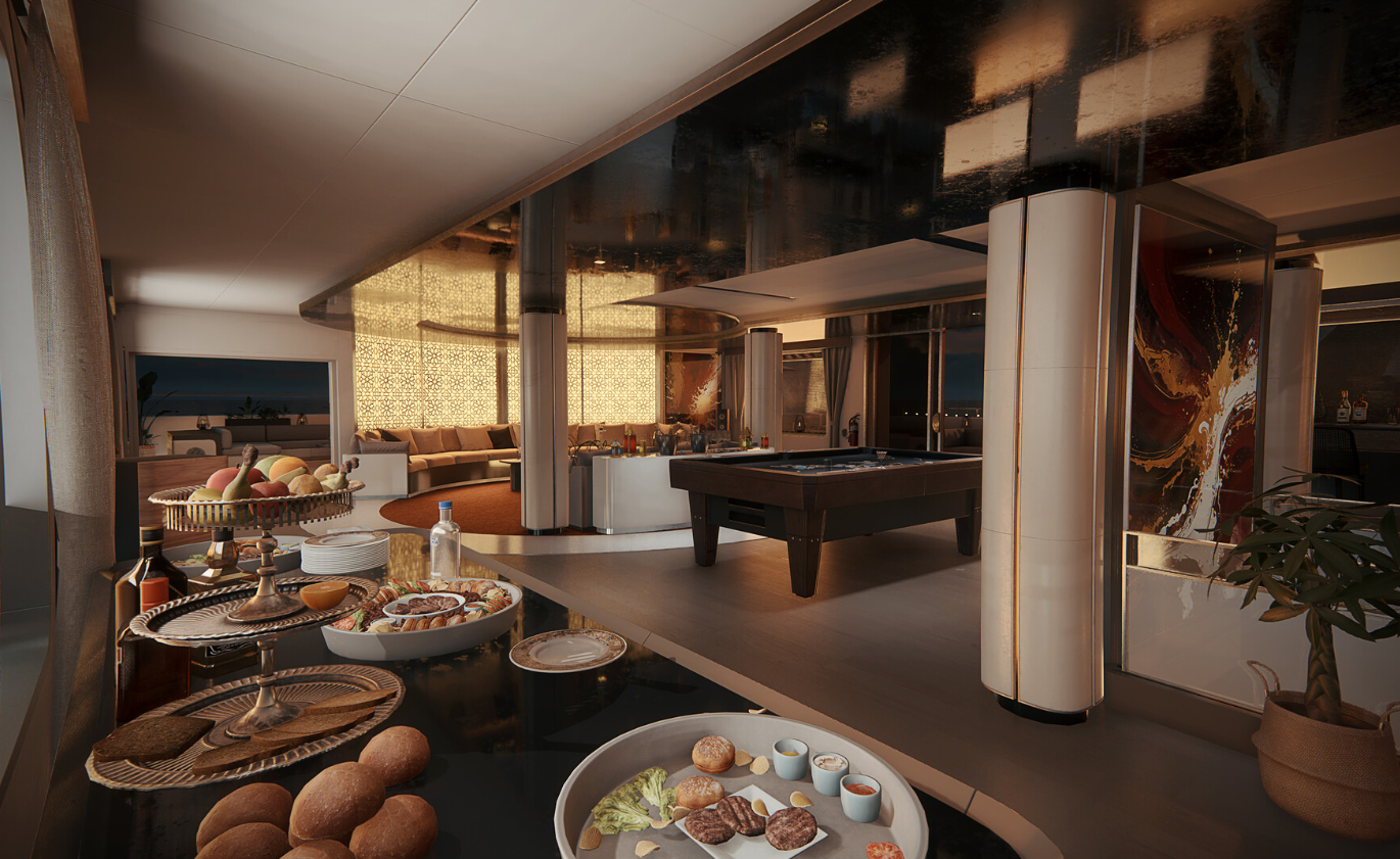 A screenshot from Ready Or Not Dark Waters of a luxurious yacht cabin
