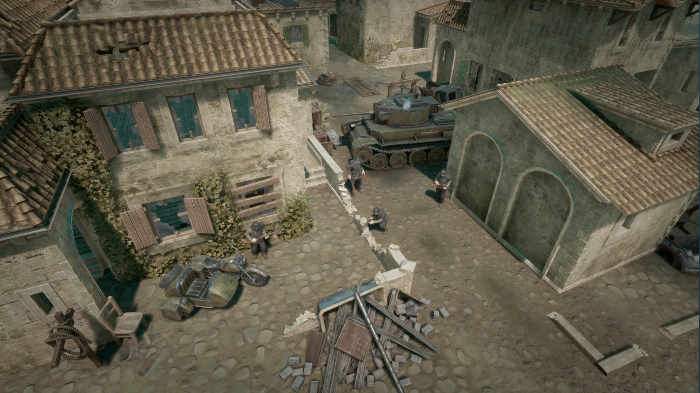 A screenshot from the game Foxhole showing a bombed out city with a tank and soldiers in World War 2.