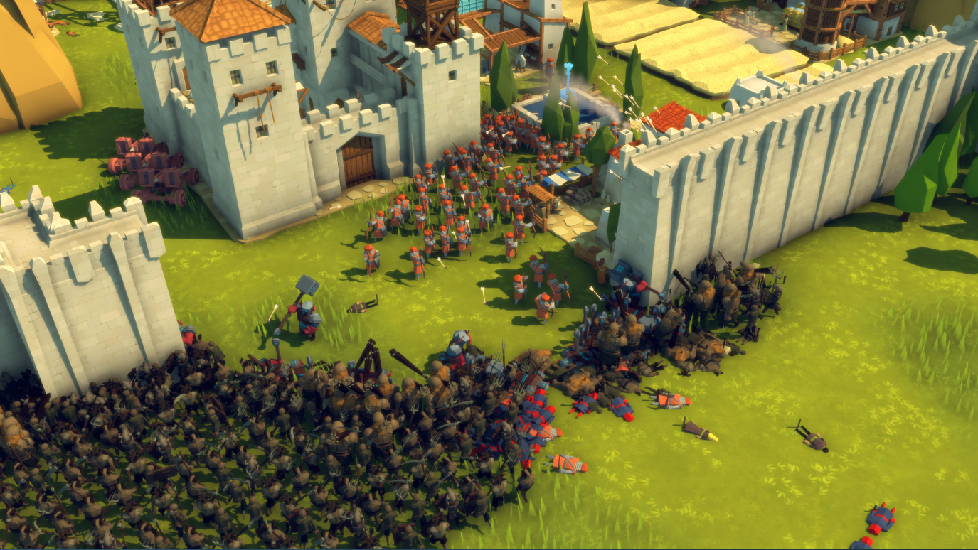 A screenshot from the game Diplomacy is Not an Option showing two armies fighting each other through a breach in castle walls