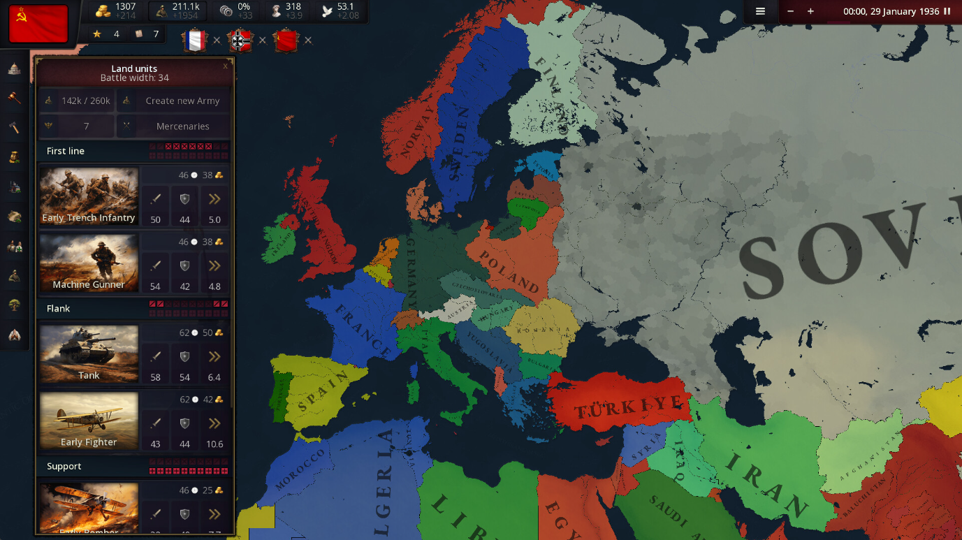 A screenshot from the game Age of History 3 showing the user interface with a window open displaying land units, and a map of Europe in 1936 in the background