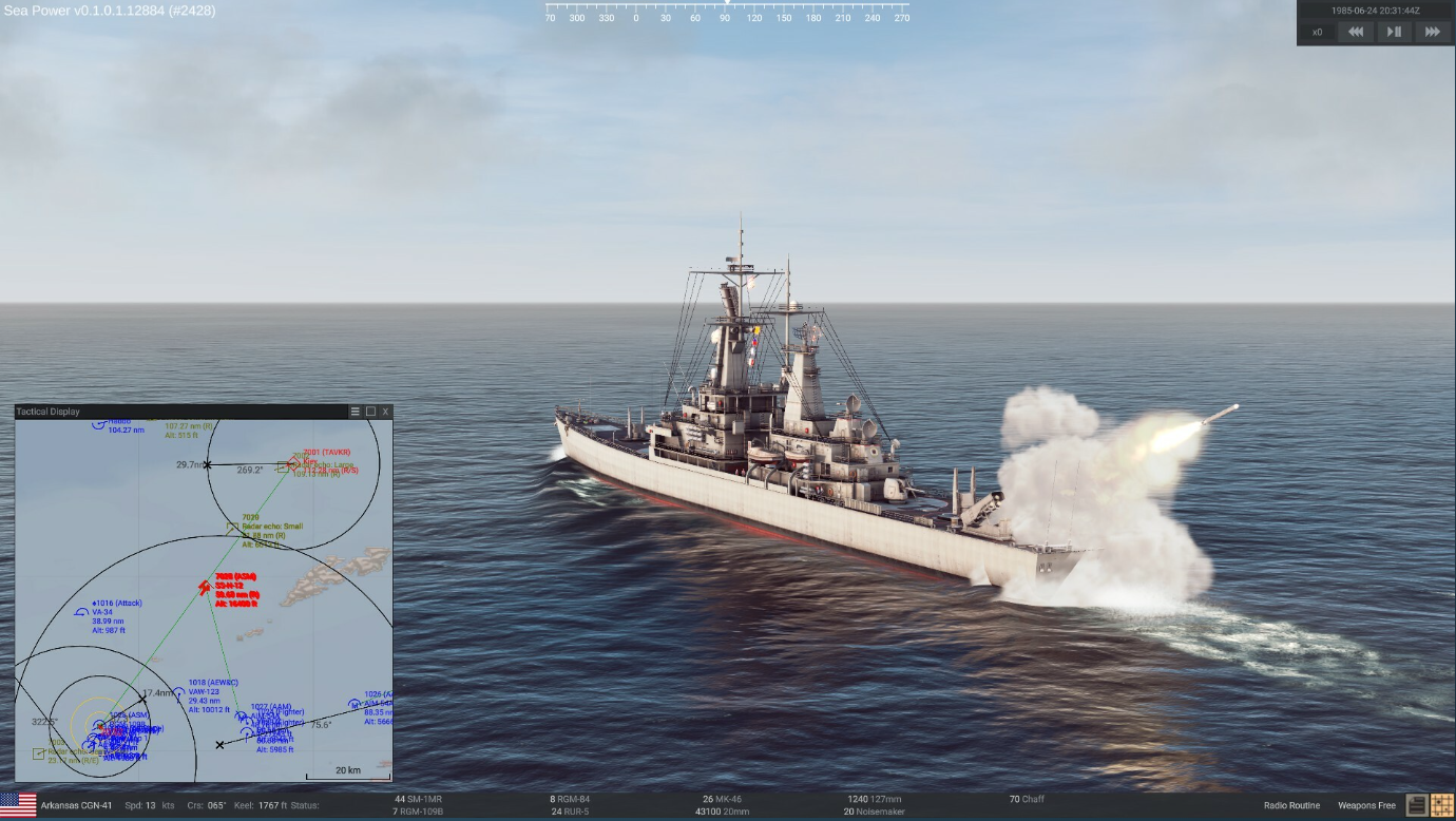 A screenshot from the game Sea Power: Naval Combat in the Missile Age showing a battleship firing a missile and a minimap in the bottom left corner of the user interface