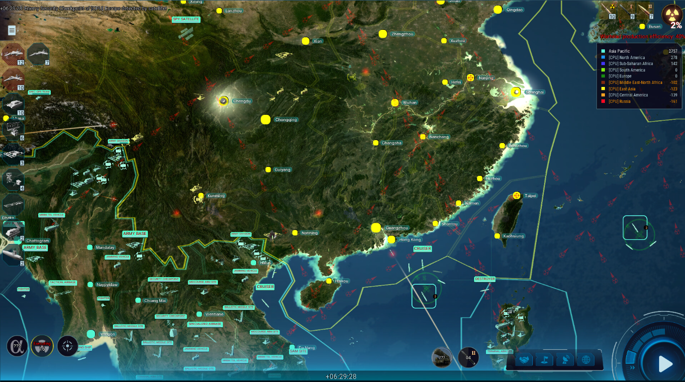 A screenshot from the game ICBM: Escalation showing the user interface focused on China. We see military units positioned around the map.