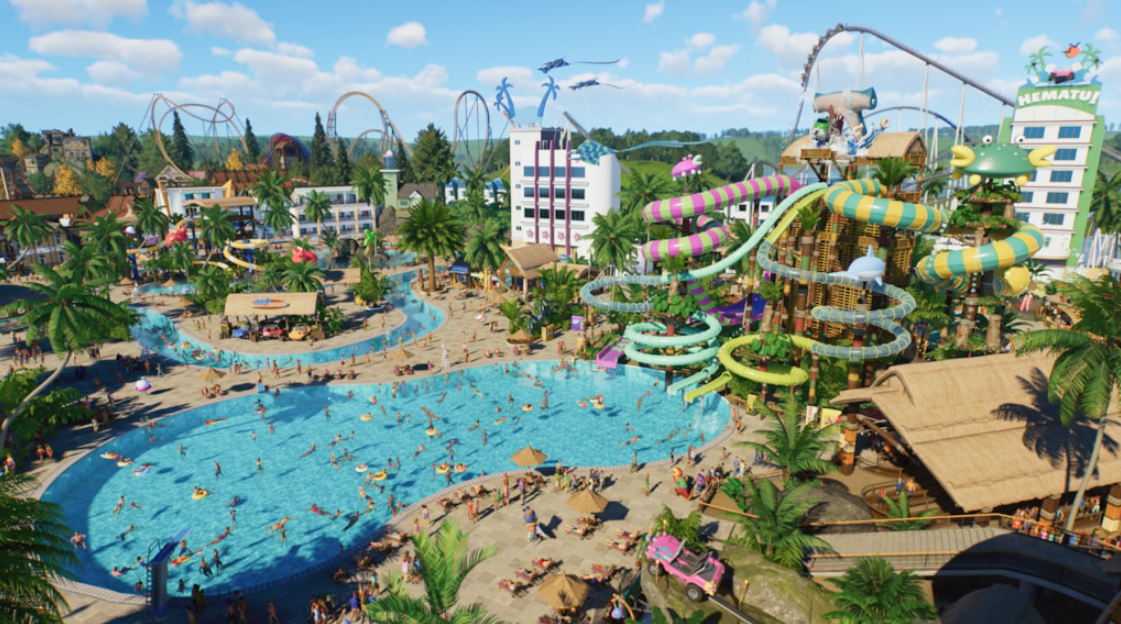 A screenshot from Planet Coaster 2 showing a water park with a large pool in the foreground