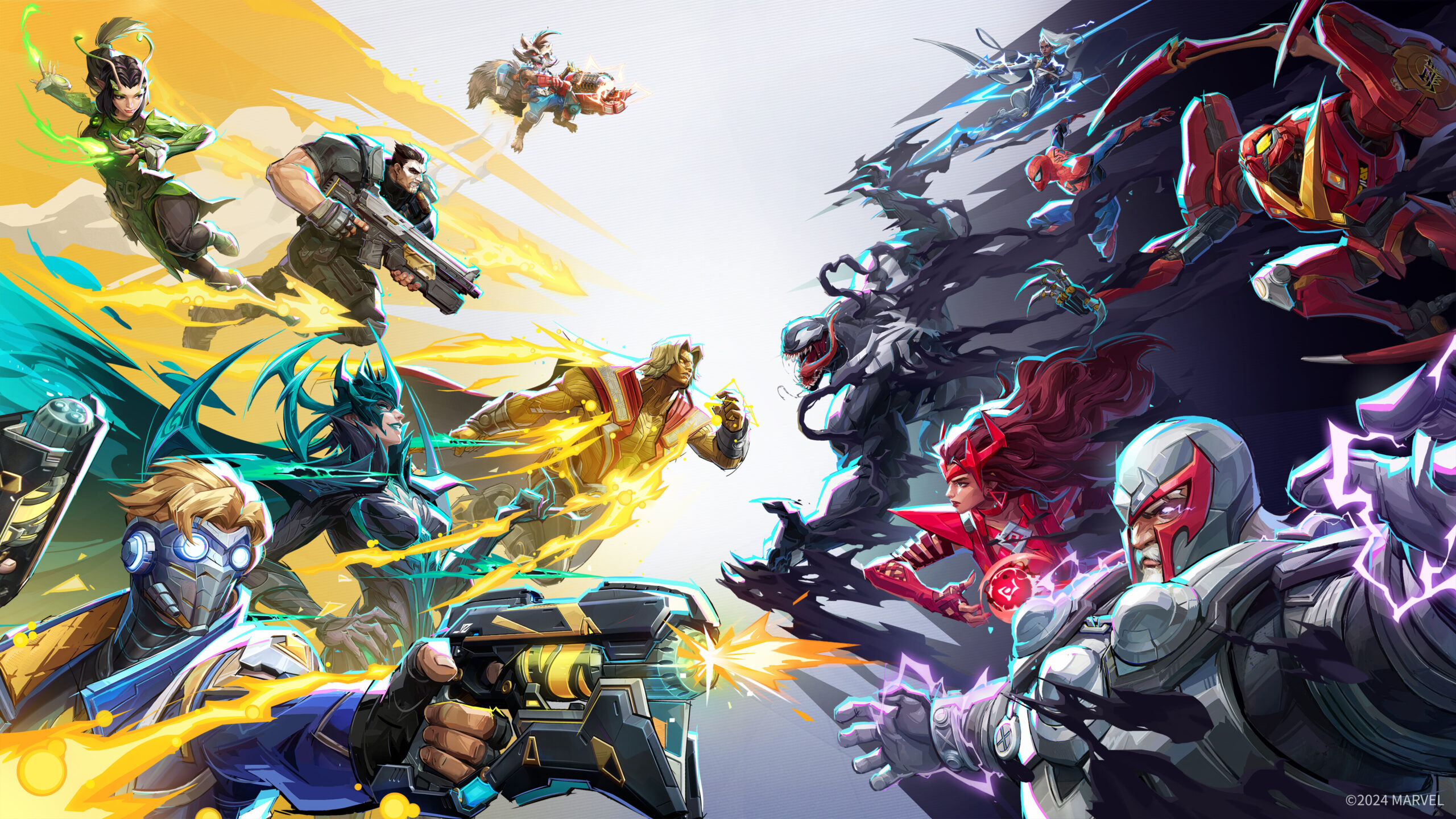 Concept art featuring Marvel heroes on two sides battling it out, from the game Marvel Rivals