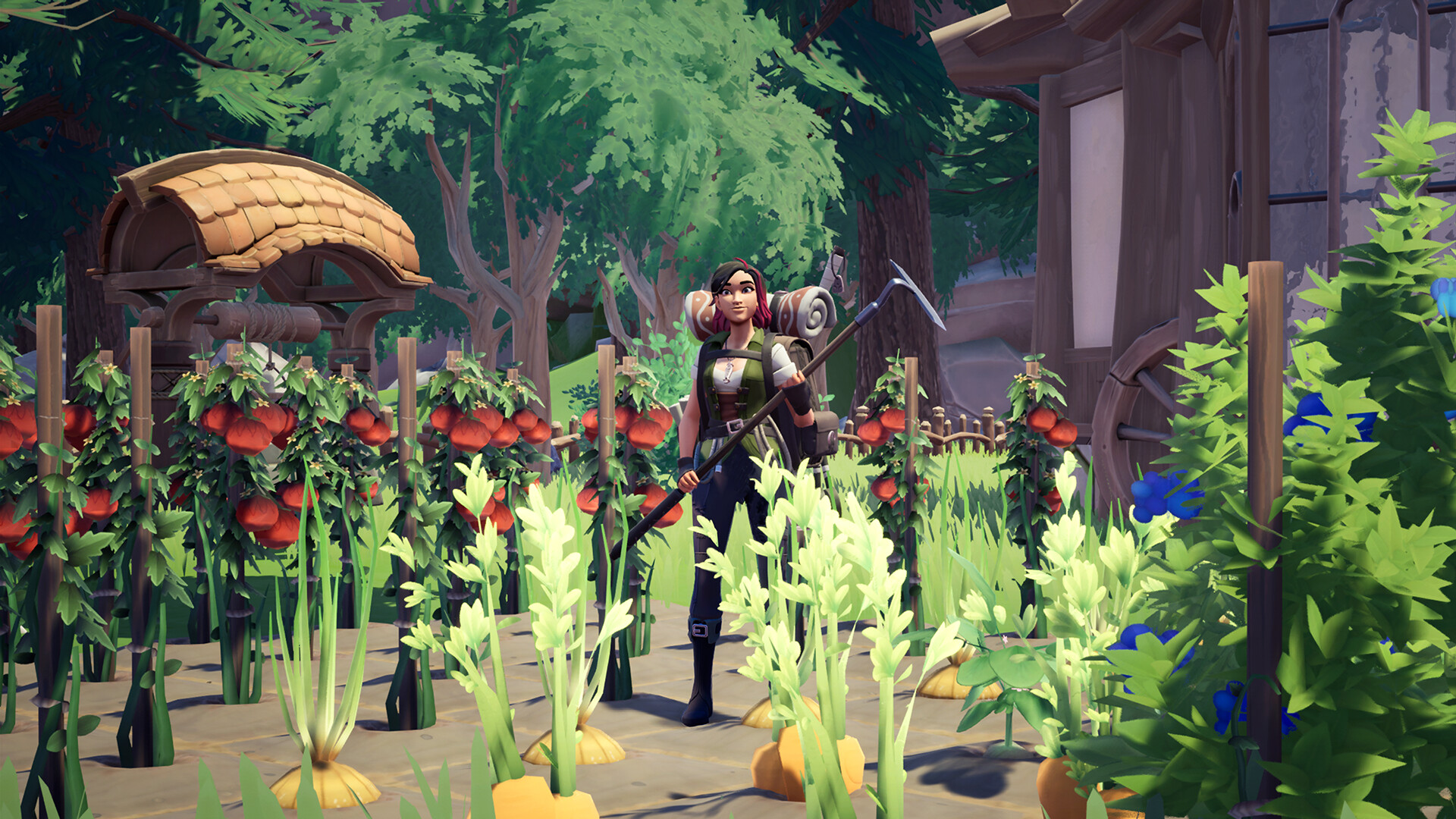 A screenshot from the game Palia showing the hero standing before her farm with a hoe