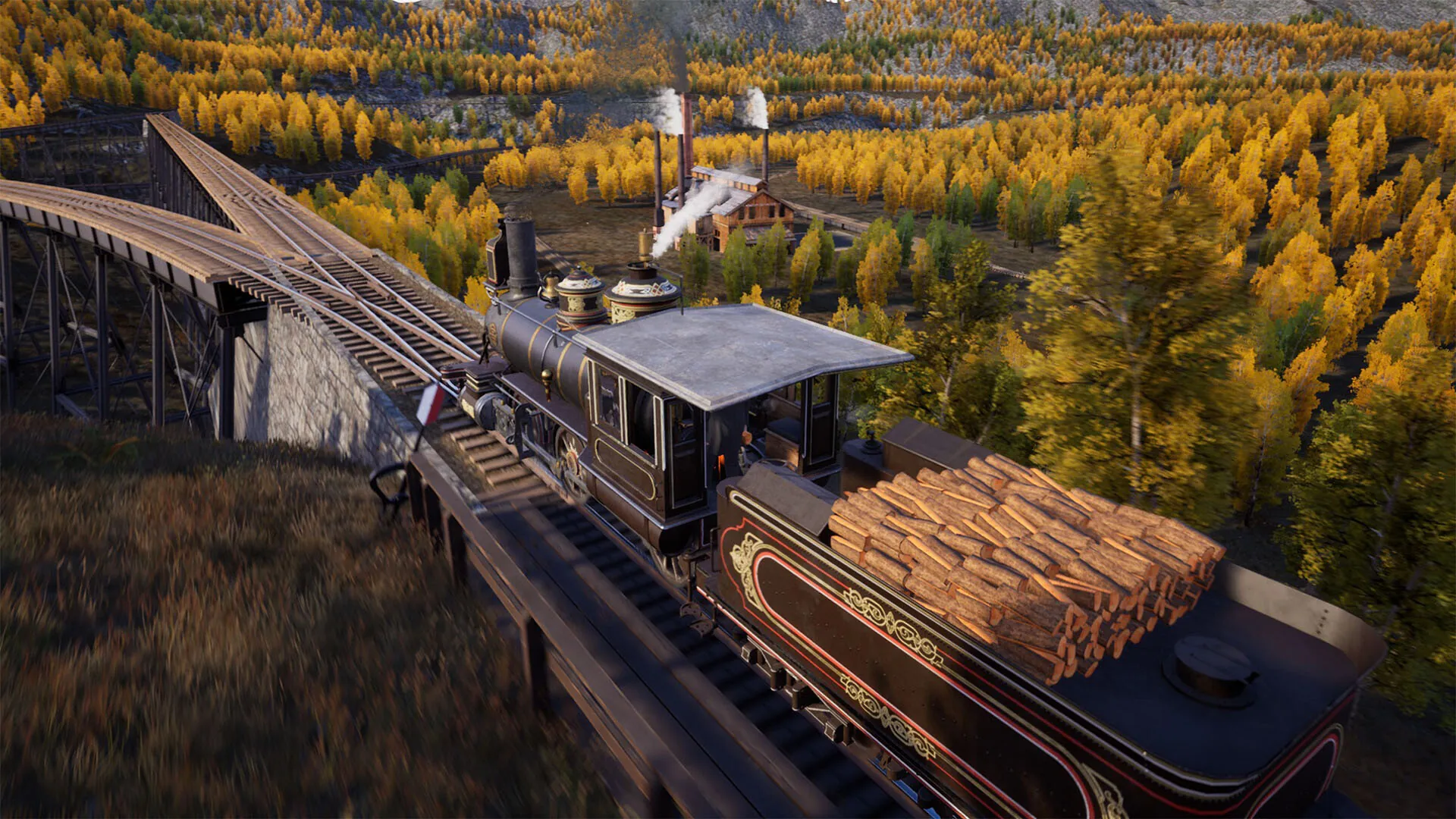 A screenshot of a steam engine train about to traverse a bifurcating rail bridge with a factory and forest in the background, from the game Railroads Online