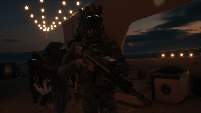 Ready Or Not Dark Waters A screenshot of a SWAT unit in Ready or Not Dark Waters exfiltrating a hostage