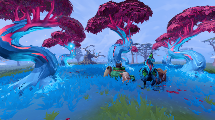 runescape A magical grove north of Eagle's Peak from the game Minecraft. Curvy blue trees with purple-pink canopies.