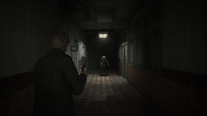 silenthill2 A man with a pistol looks down a dark, deserted hallway while a creepy creature wielding a pipe ambles toward him in Silent Hill 2 (2024)