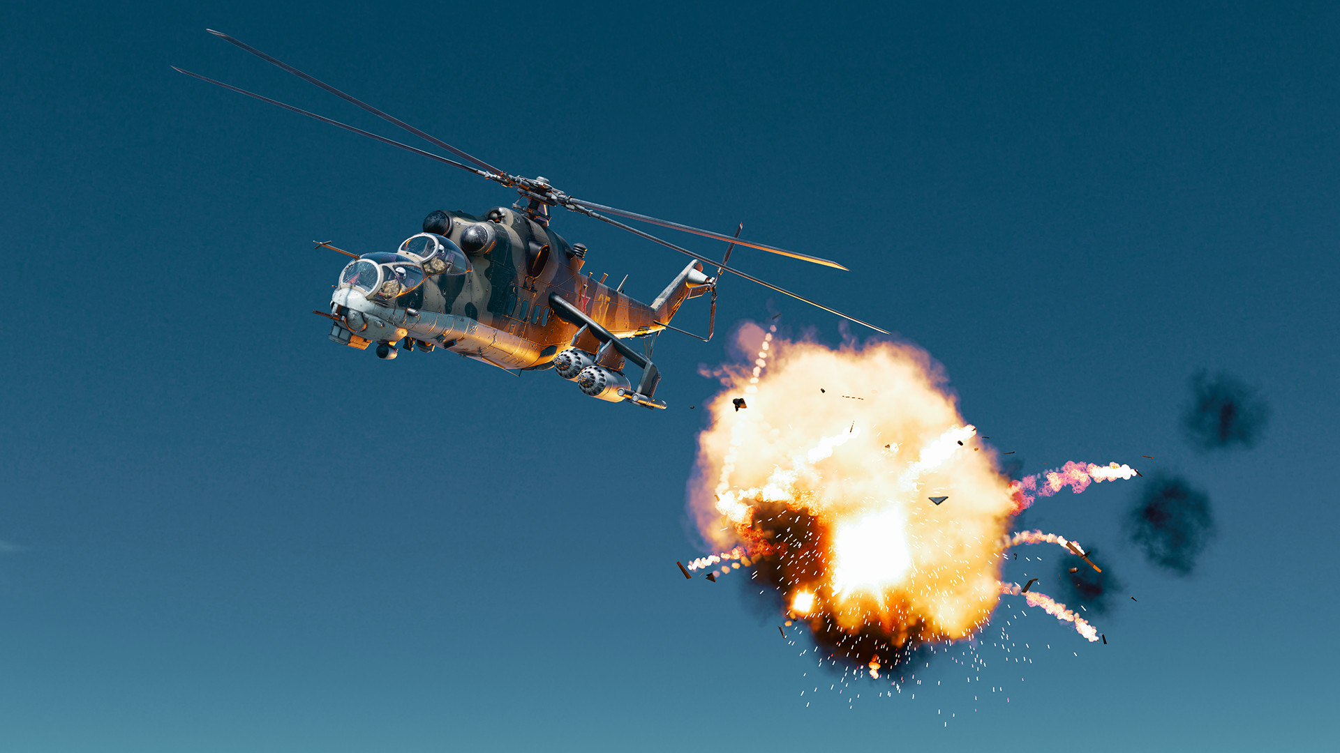 A screenshot from the tactical war strategy game WARNO showing a helicpoter and an explosion behind it