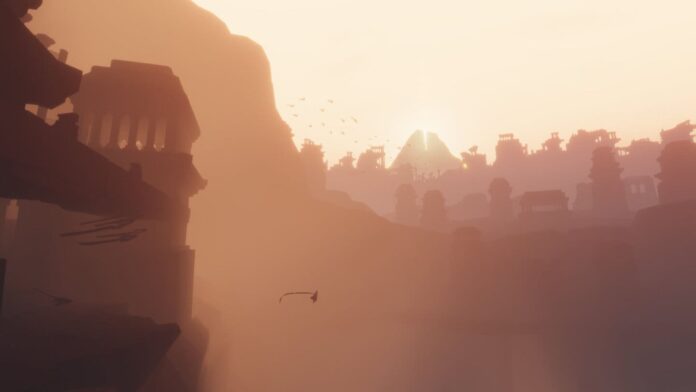 journey cover A screenshot from the game Journey showing a pilgrim at sundown in the haze